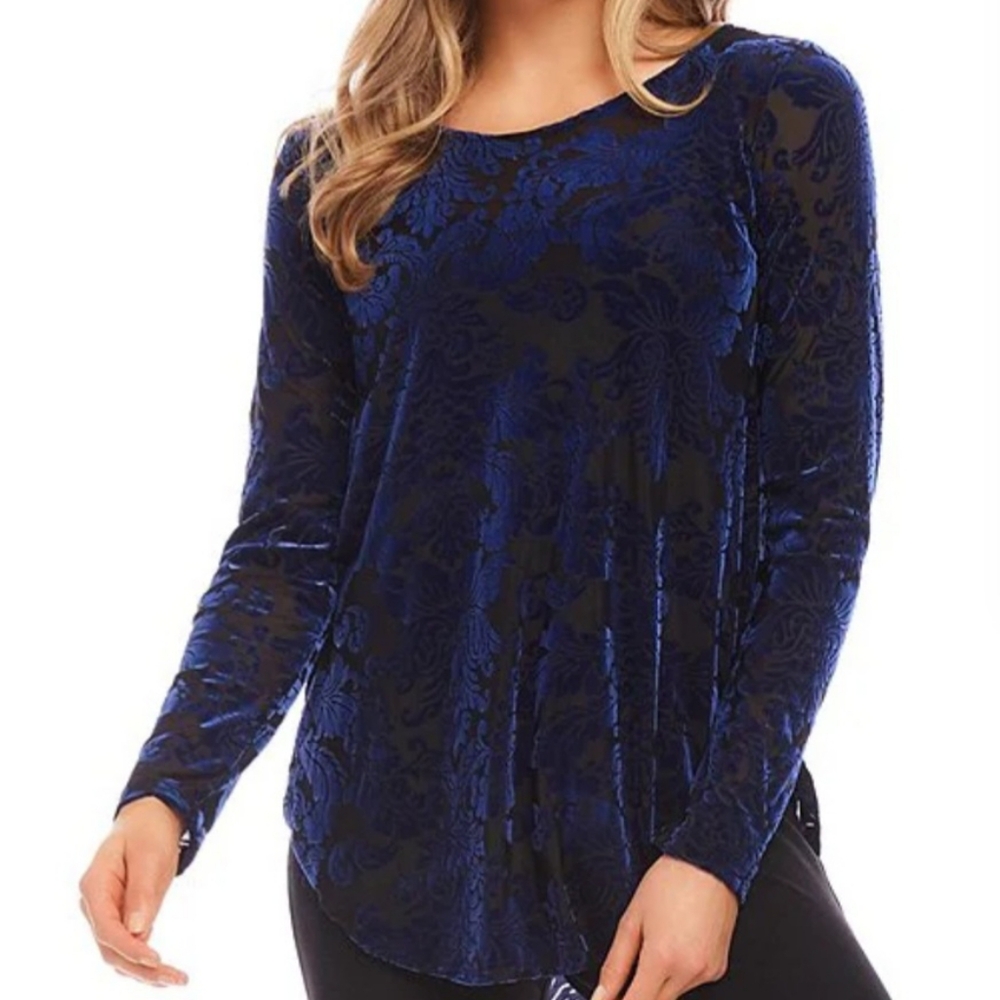 Karen Kane Top Women's Size Small Blue Velvet Burnout Top Blue Boat Neck - Picture 2 of 9